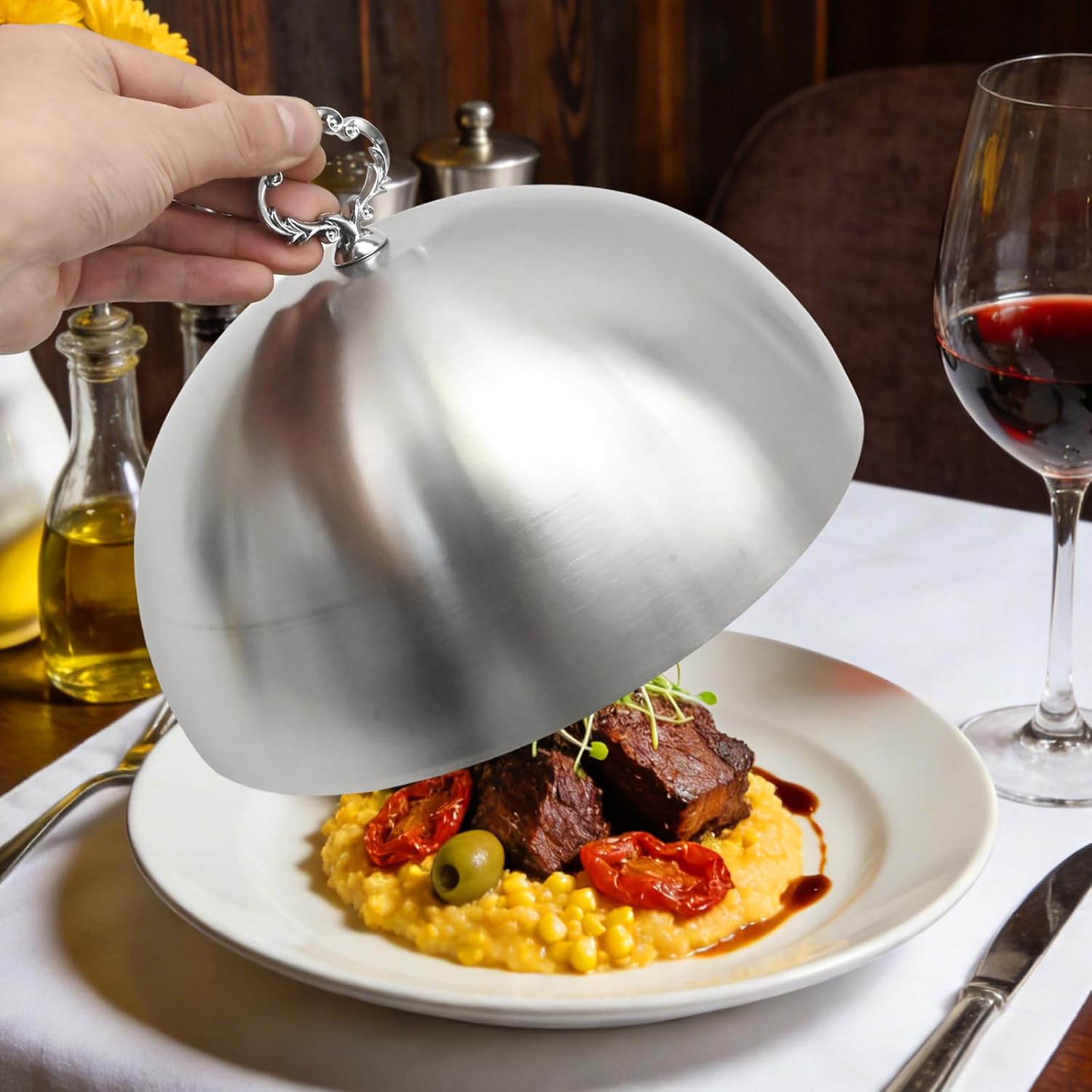 Stainless Steel Food Dome Cover with Handle, Silver 24cm Steak Lid Food Protector, Serving Plate Dish Cake Butter Dessert Cheese Basting Covers Burgers Restaurant Party (Flower Wreath Bead)