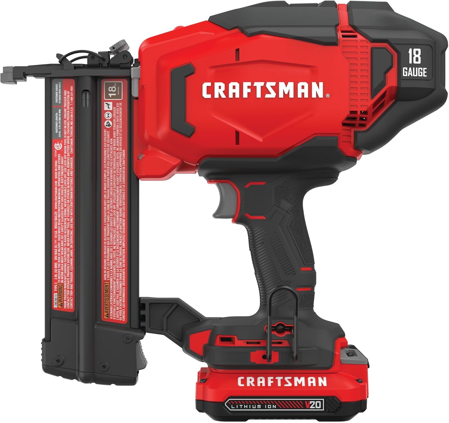 CRAFTSMAN V20 Cordless Brad Nailer, 18 Gauge Nail Gun, with Battery and Charger (CMCN618C1)