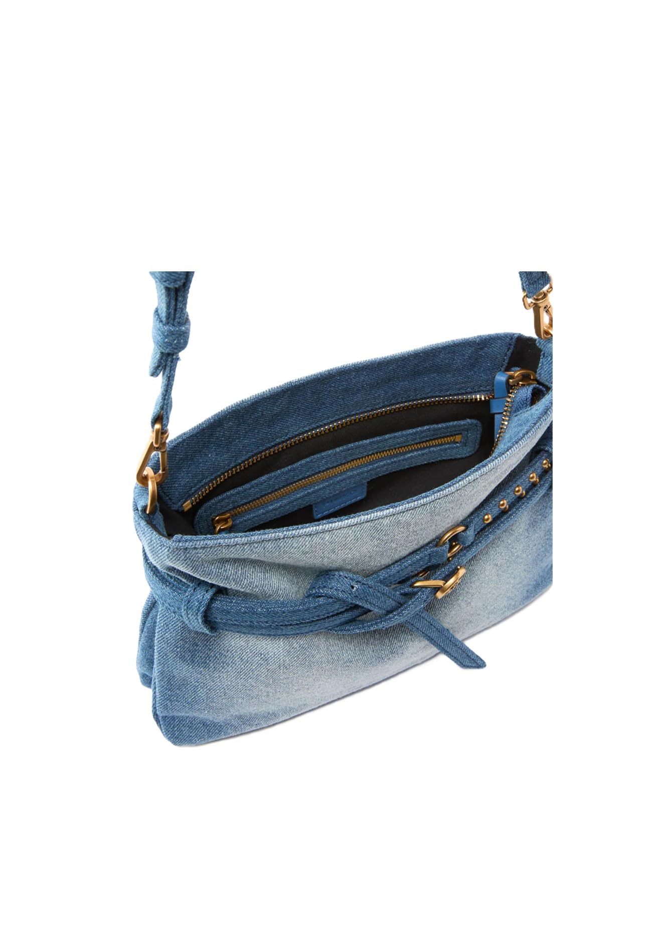 Pinko Mini Belt Bag in Denim con Borchie, Lavaggio Medio, 27x17x3 cm, Tracolla Regolabile e Amovibile