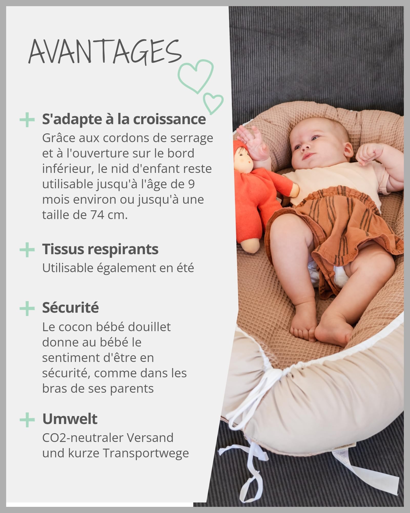 Réducteur lit bébé ULLENBOOM Vert sauge - 95x55 cm - Nid d’ange bébé Öko-Tex et fabriqué dans l'UE - motif baleines bleues – en coton douillet, convient comme lit de voyage ou cale bébé
