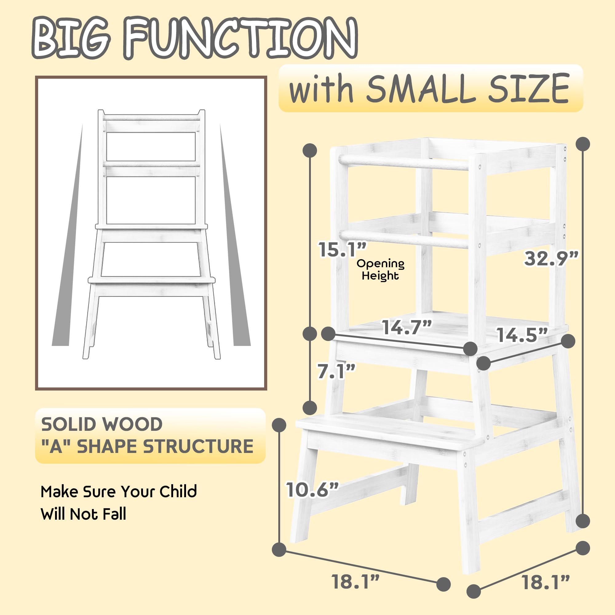 PEEKABU Kitchen Step Stool for Toddlers with Safety Rail, Wooden Toddler Standing Tower Kids Montessori Learning Stool Helper with A Anti-tip Structure for Kitchen Bathroom, Anti-Slip, White