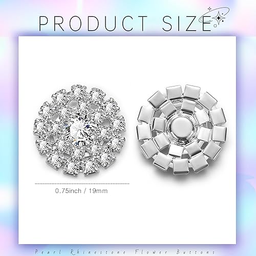 Miniatura 2 de Adornos de diamantes de imitación de 0.748 in con parte trasera plana, botón de cristal de flores, accesorios plateados de diamantes de imitación