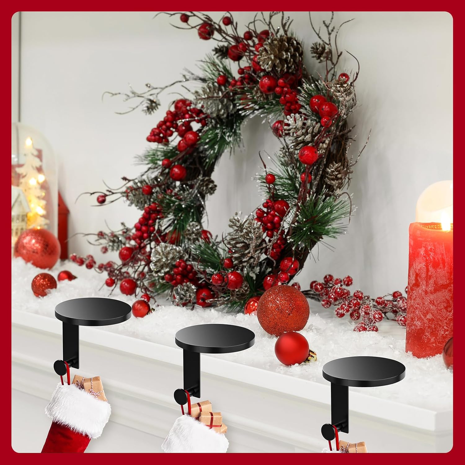 5 Pack Round Christmas Stocking Holders Metal Mantel Stockings Hangers Fireplace Shelf Garland Mantle Grips Set for Xmas Party Decoration (Black, 5)