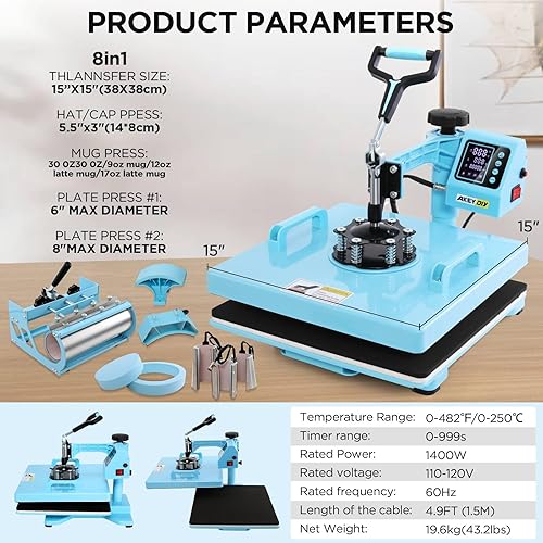 Miniatura 8 de WHUBEFY Prensa de calor, máquina de prensa de camisas de 15 x 15 pulgadas 8 en 1 con accesorio de vaso de 30 onzas, máquina de sublimación digital