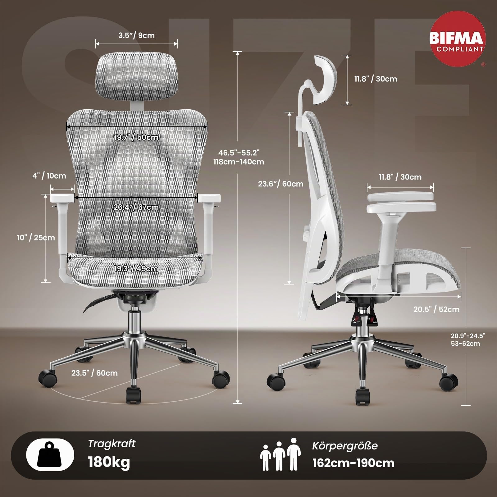 naspaluro Ergonomischer Bürostuhl, Schreibtischsessel mit Kopfstütze, 3-stufig Verstellbarer Rückenlehne, Stabiler Drehstuhl bis 150kg belastbar, Computerstuhl für Büro und Homeoffice, Weißgrau