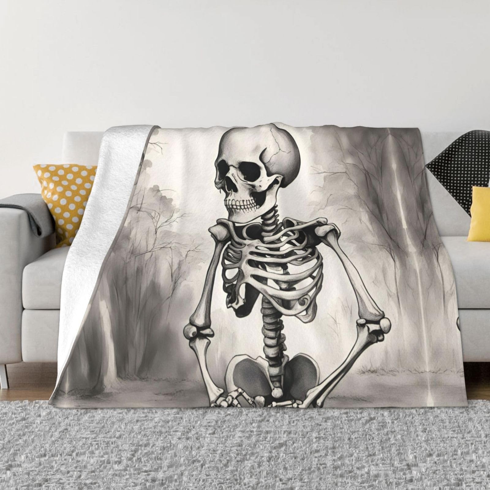 Couverture en flanelle anti-peluche imprimé squelette pour canapé et lit