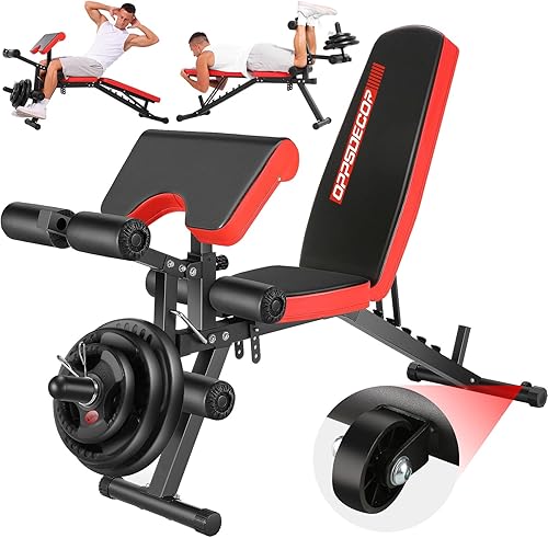 OPPSDECOR Adjustable Weight Bench with Leg Extension and Leg Curl, Workout Bench Press Preacher Curl Bench with Wheels, 800 LBS Flat/Incline/Decline