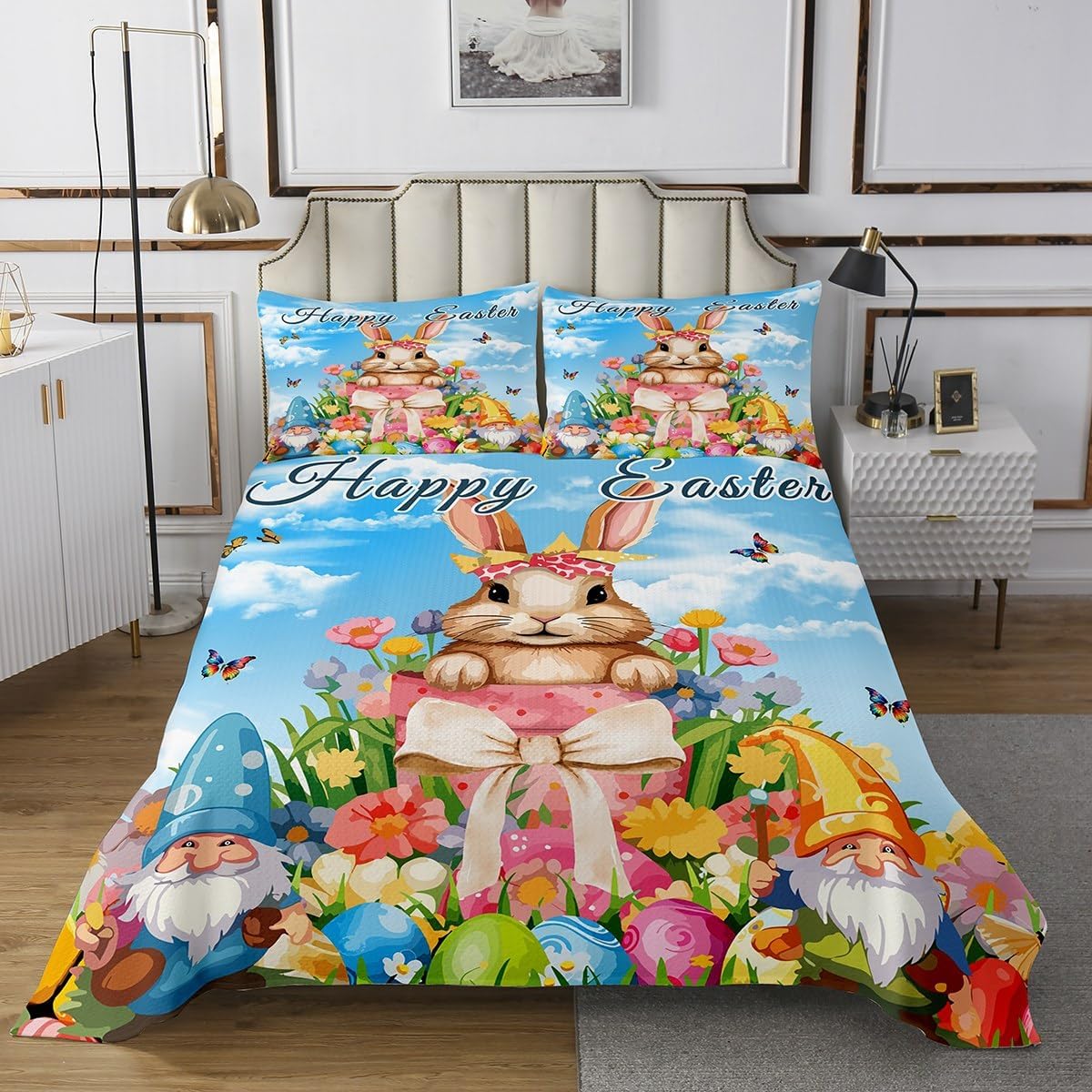 Feelyou Happy Easter Bedspread Twin Size Spring Easter Coverlet Set Rabbits Bedding Cover Easter Eggs Bedding Set for Boys Girls Kids Adults