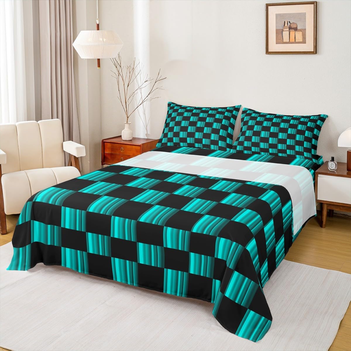 Feelyou Checkered Bed Sheets Set Full Size Abstract Ombre Deep Pocket Fitted Sheet Modern Geometric Teal Blue Black Bedding Sets Cute Neutral Aesthetic Plaid Soft Bed Set 4Pcs with 2 Pillow Cases