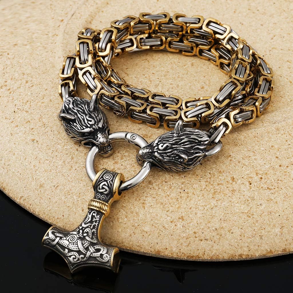 Viking Necklace King Chain with Thor Hammer Mjölnir Wolf Head Pendant 316L Stainless Steel Amulet Jewellery Gift(7 Color 3 Size)