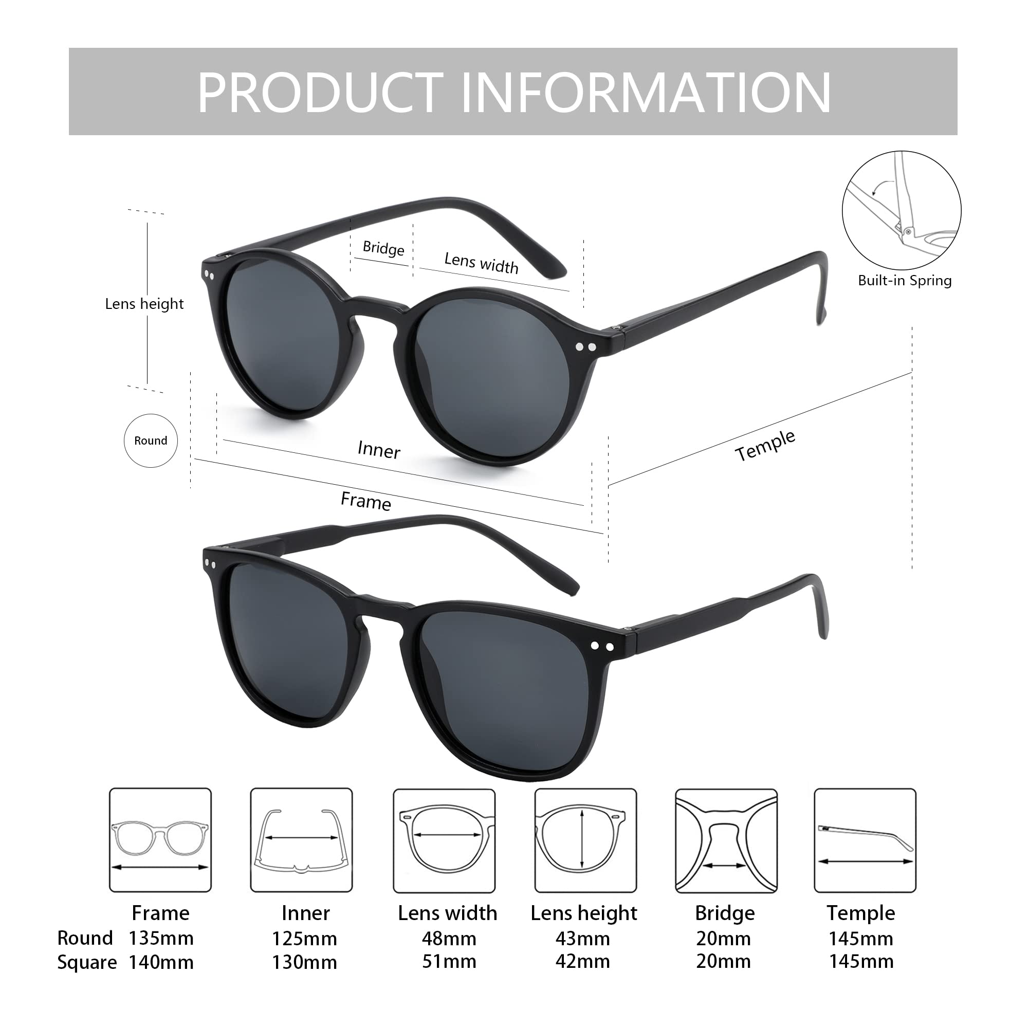 ZENOTTIC 2 Paia Occhiali da Sole Polarizzati per Uomo Donna Retro Vintage Rotondi Quadrati Protezione UV400 Unisex