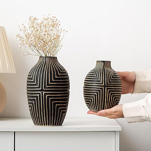 Miniatura 5 de iLure Jarrón de cerámica negro hecho a mano para decoración del hogar, detalles de jarrones de cerámica bohemios, moderno jarrón decorativo