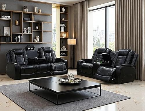 Juego de sofá reclinable eléctrico y sofá biplaza, sofá reclinable de cuero negro con mesa desplegable, muebles de sala de estar, sofá reclinable