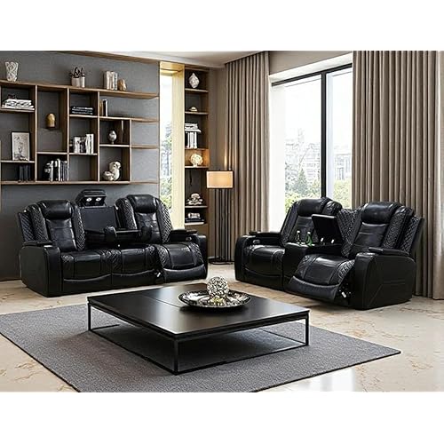 Power Recliner Sofa and Loveseat Set, Black Leather Reclining Sofa Sectional Couches with Drop-Down Table, Living Room Furniture, Reclining Sofa with Cup Holders/Storage Console for House
