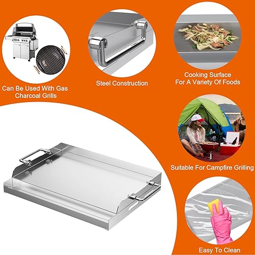 Miniatura 3 de MixRBBQ Parrilla universal de acero inoxidable para parrilla de gas, parrilla plana de 17 x 13 pulgadas con asas plegables para estufa, parrillas de