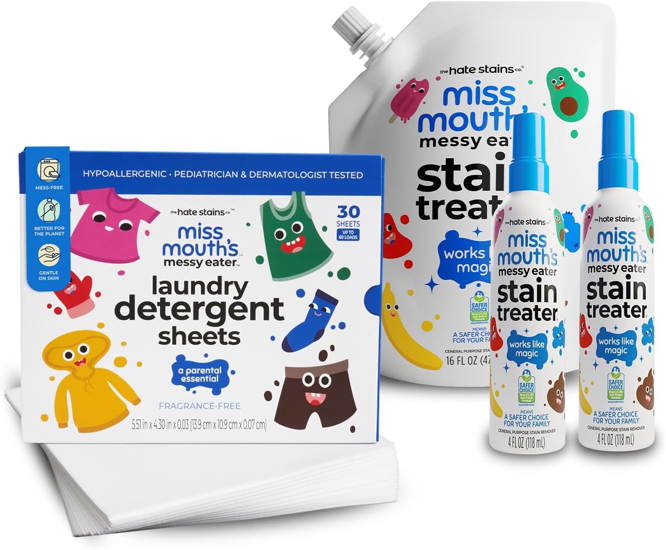 Miss Mouth's Messy Eater Stain Treater Spray - 4oz 2 Pack Stain Remover and 16oz Refill and Laundry Detergent Sheets