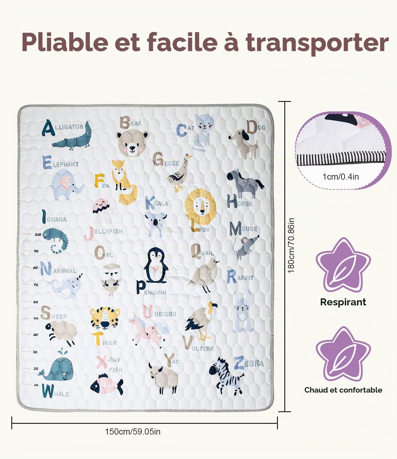 Tapis Bébé, Tapis d’Activités Bébé 180x150cm, Tapis Éveil Bébé Rembourré, Tapis Motricité Bébé Antidérapant, Doux et Lavable, Tapis Enfant pour Intérieur/Extérieur, Idéal pour les Premiers Pas