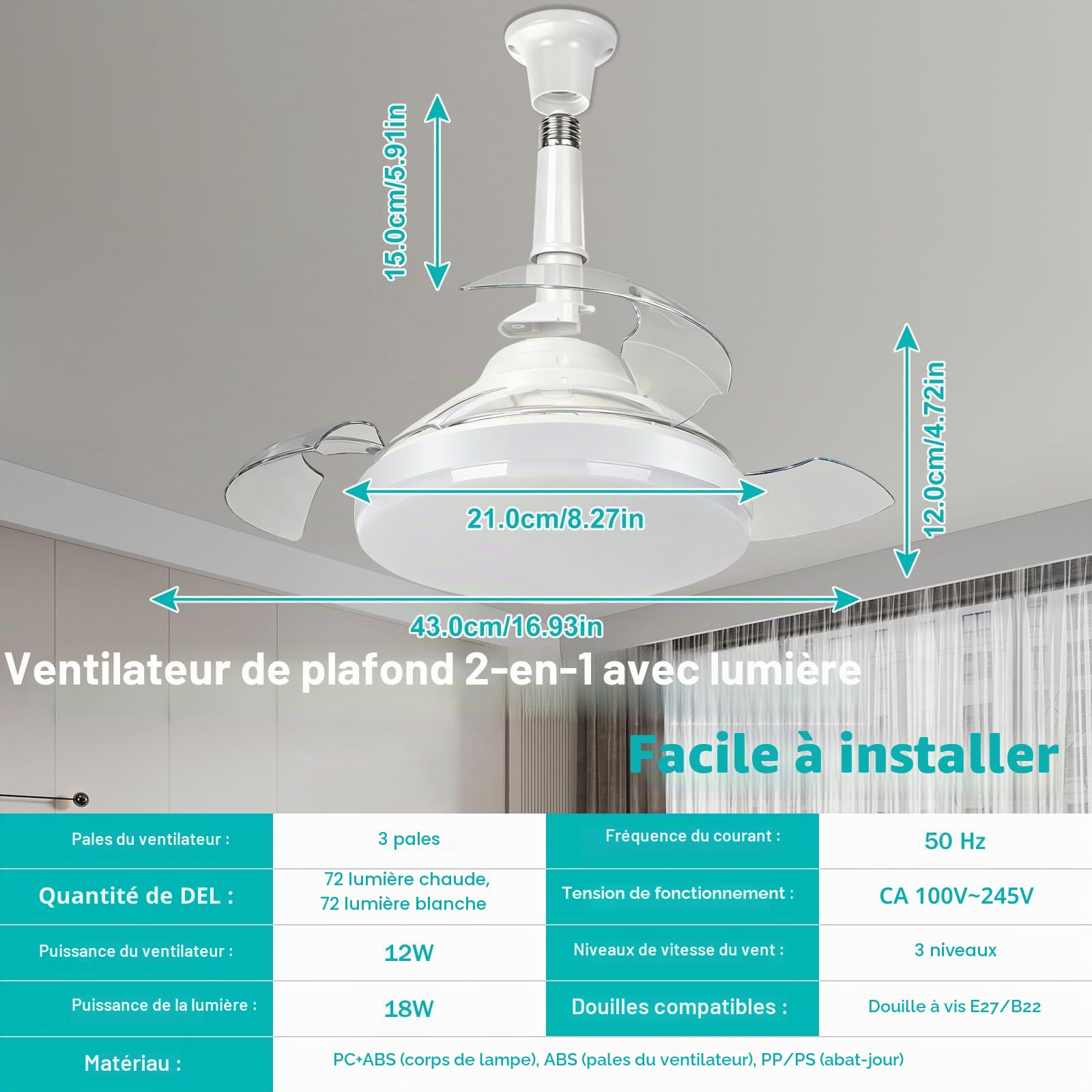 Herefun Ventilateur Plafond avec Lumiere 43CM Lustre Pliable E27 Telecommande 3 Pales Cachées 3 Vitesses Timing