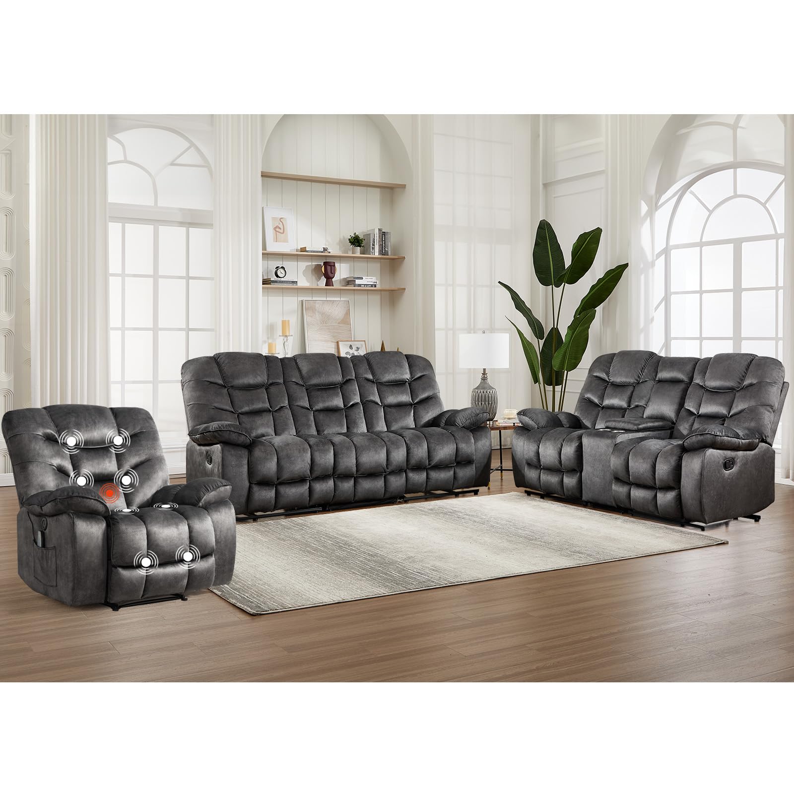HAOMARKETS 3 Pieces Recliner Sofa Furniture Set, Power Recliner Chair with Message&amp; Heat, Manual Loveseat with Hidden Storage and Cup Holders,3-Seat Reclining Couch for Living Room,Grey