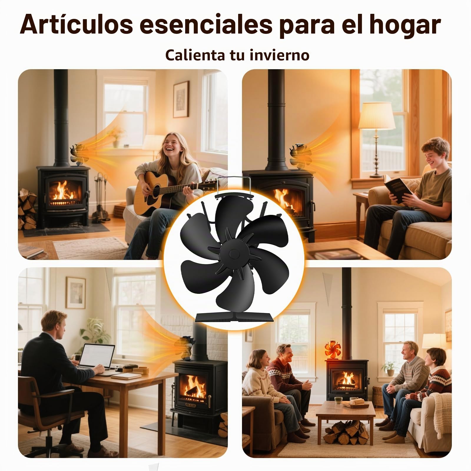 Ventilador Poele de Madera, Ventilador con Calor con 4 aspas Silenciador para Chimenea Tubo/Estufa de Gas/Registro/Pellet