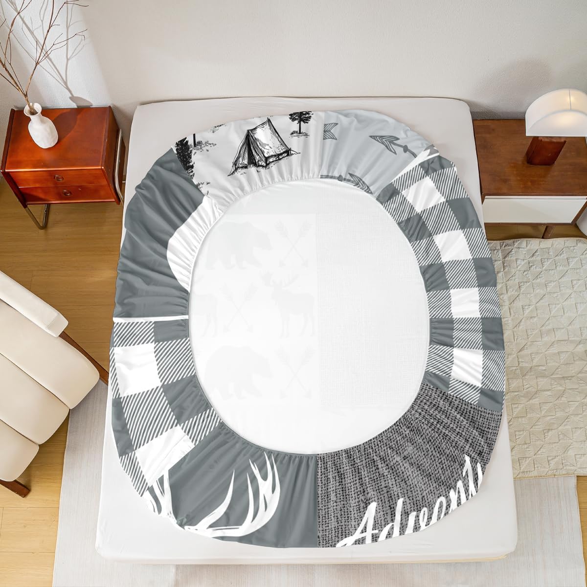 Deer Antlers Sheet Set For Kids, Rustic Plaid Buffalo Patchwork Bed Sheets Queen For Boys Teens Adult Men, Farmhouse Camping Fitted Sheet Hunting Bear Moose Wild Animal Flat Sheet 4 Pcs, Grey White