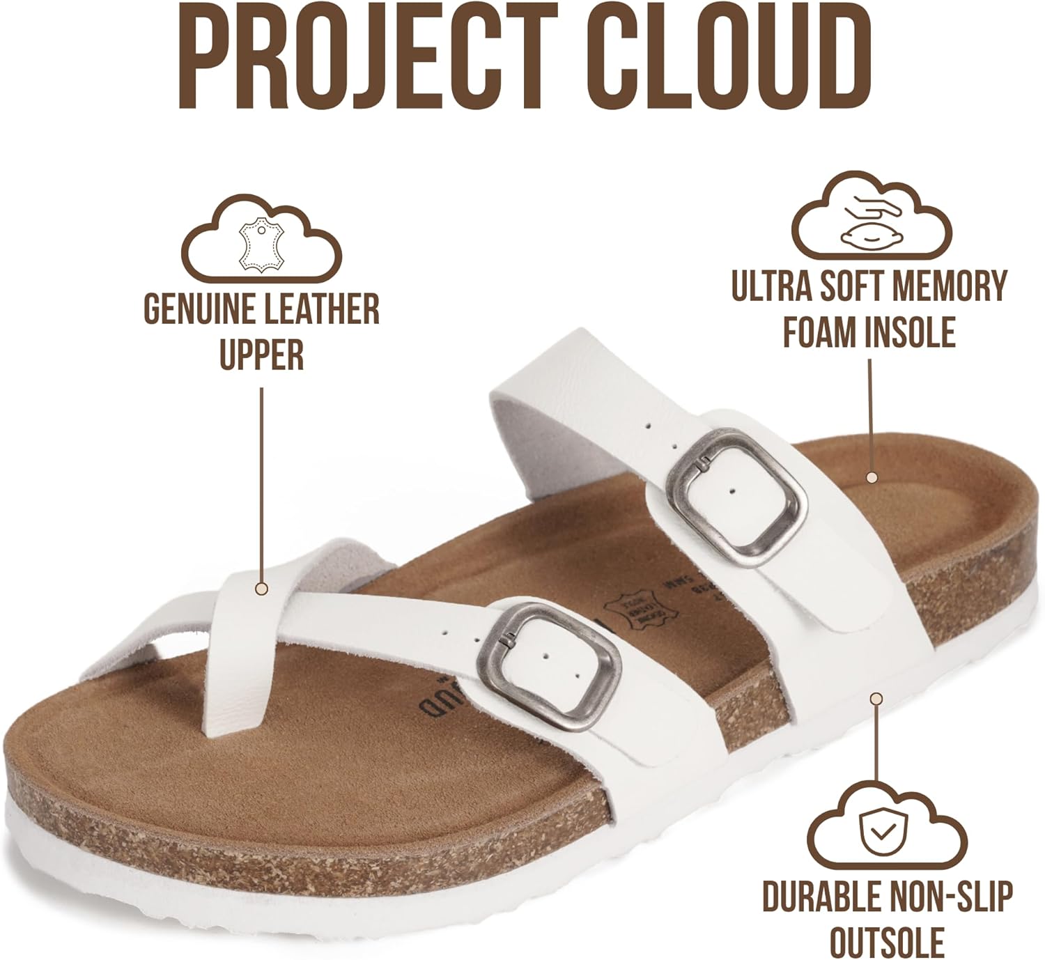 Project Cloud 100% Genuine Leather Womens Sandals -Lightweight Womens Slides Memory Foam Insole & Cork Footbed Sandals Women - Non-Slip Beach Essentials Summer Sandals for Women 2026 (Lian)