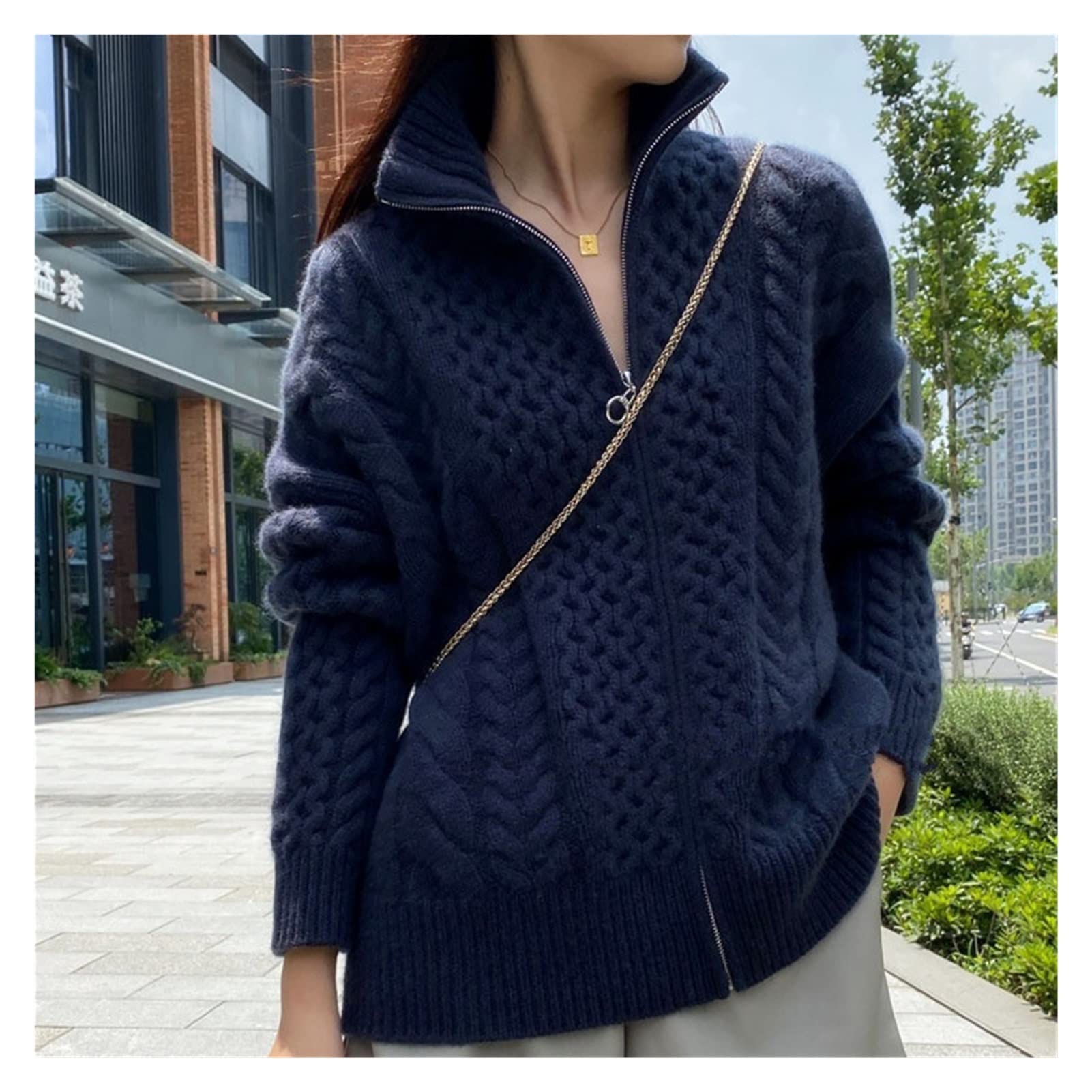 Chaqueta de punto para mujer, 100 % cachemira, holgada, cierre de cremallera delgado, cachemira gruesa de cuello alto, azul, XL