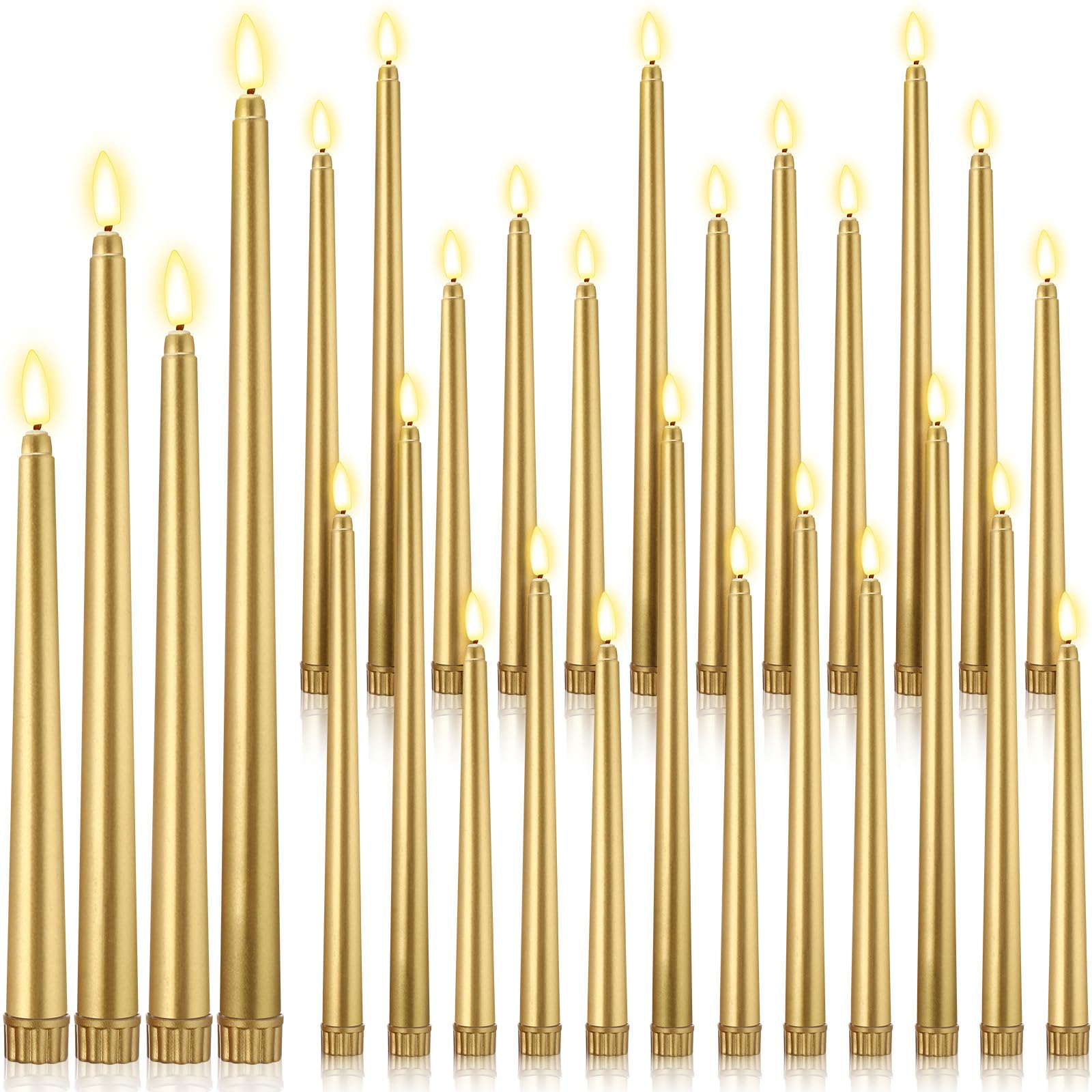 Rossesay 24 Pcs Flameless LED Taper Candles Battery Operated Candle 8.5", 9.65", 10.8", 12.8" Flameless Candlesticks Flickering for Christmas Church Wedding Indoor Decoration(Classic, Golden)
