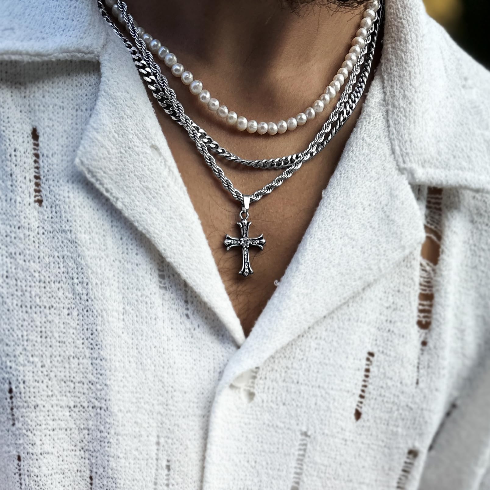 Süßwasserperlen Halskette Herren Streetwear Schmuck Sommer Accessoire, 45cm-50cm verstellbare Länge, 5-6mm Perlen Größe