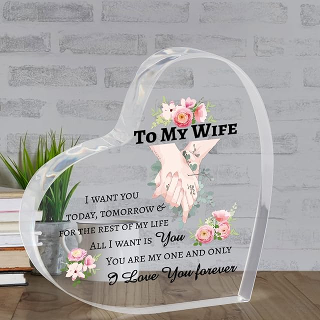 PRSTENLY Wife Gifts, Heart-Shaped Acrylic Plaque Gifts for Her Wife Girlfriend on Wedding Anniversary Birthday Christmas Valentines from Husband, Romantic Presents for Wife