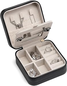 VLANDO Travel Jewelry Case With Mirror,Mothers Day Gifts,Small Portable Jewelry Box,Jewelry Organizer for Rings Earrings Necklaces Display Storage,Gifts for Girls Women,Travel Essentials,Black