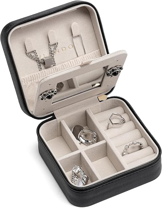 Vlando Travel Jewelry Case, Small Jewelry Travel Organizer Box for Girls Women with Mirror Black