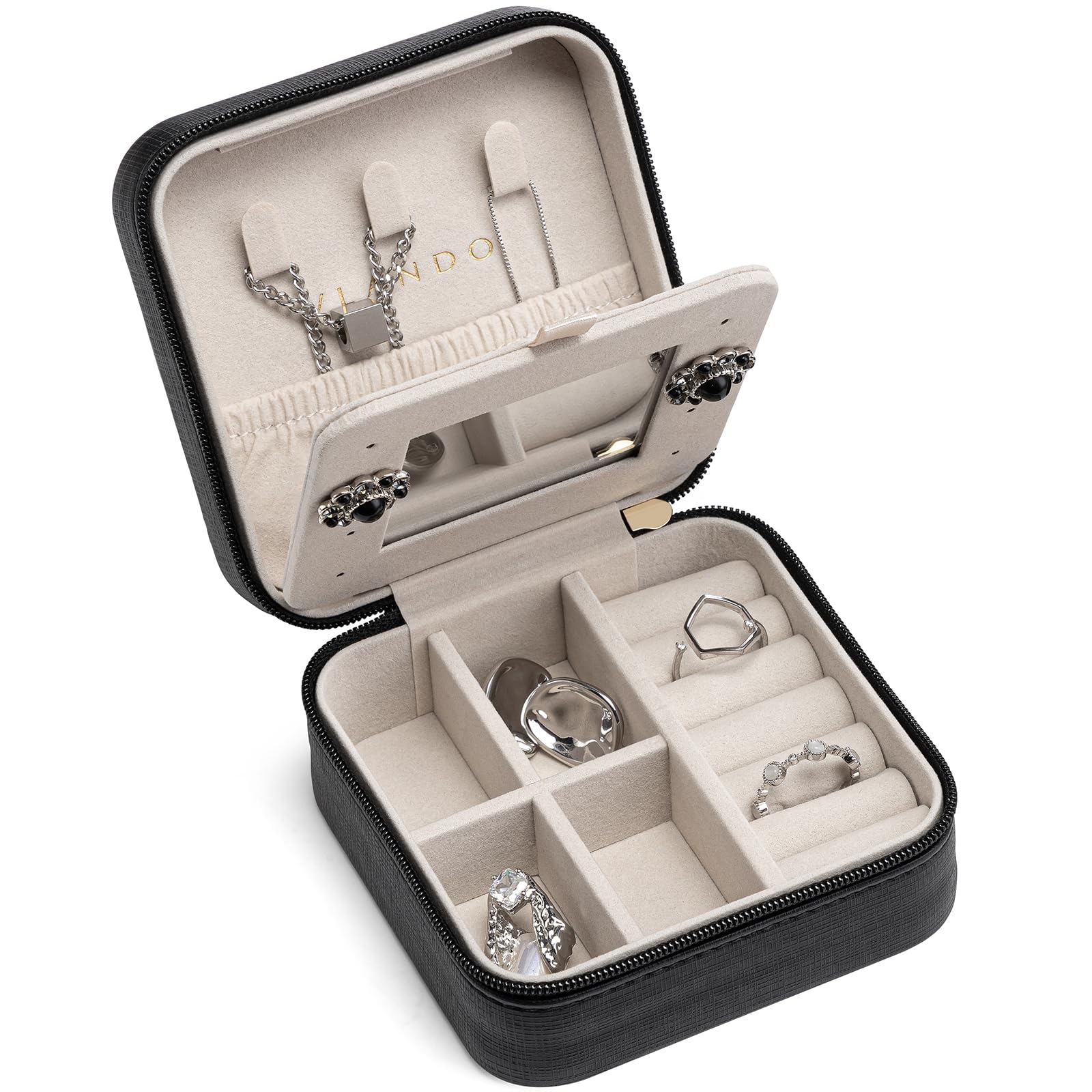 Vlando Travel Jewelry Case With Mirror,Small Portable Jewelry Box,Jewelry Organizer for Rings Earrings Necklaces Display Storage,Gifts for Girls Women,Travel Essentials,Christmas Gift,Black