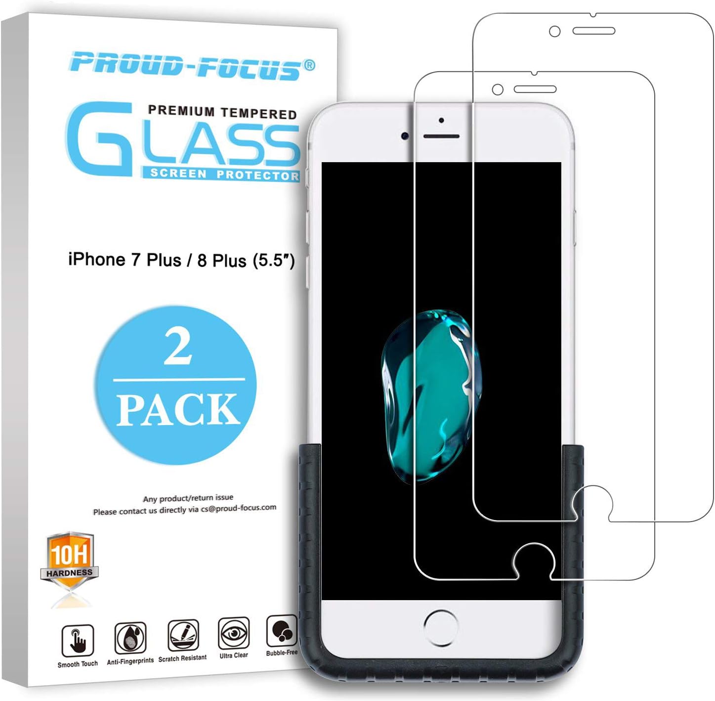 iPhone 7 Plus 8 Plus Screen Protector, Glass Screen Protector for Apple iPhone 8 Plus iPhone 7 Plus [0.2mm Ultra-thin] [Easy-applied Fixture] [10H Hardness HD Clear] Proud-Focus Screen Protector 2PACK