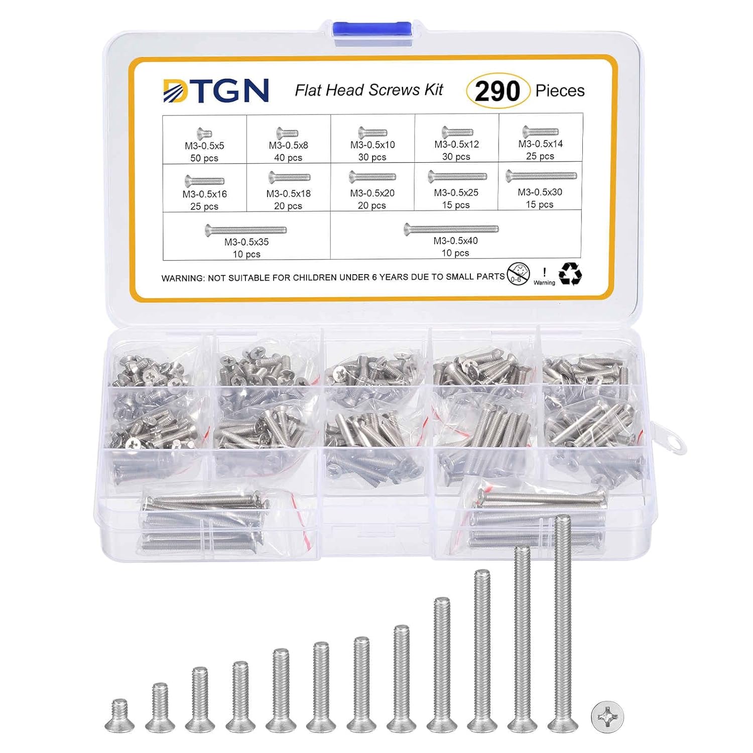 M2M2.5M3M4M5M6 Flat Head Screws Bolt Assortment Kit - 240pcs - Good for Fastening Repairing- Stainless Steel Cross Drive Countersunk Screw Set - Silver