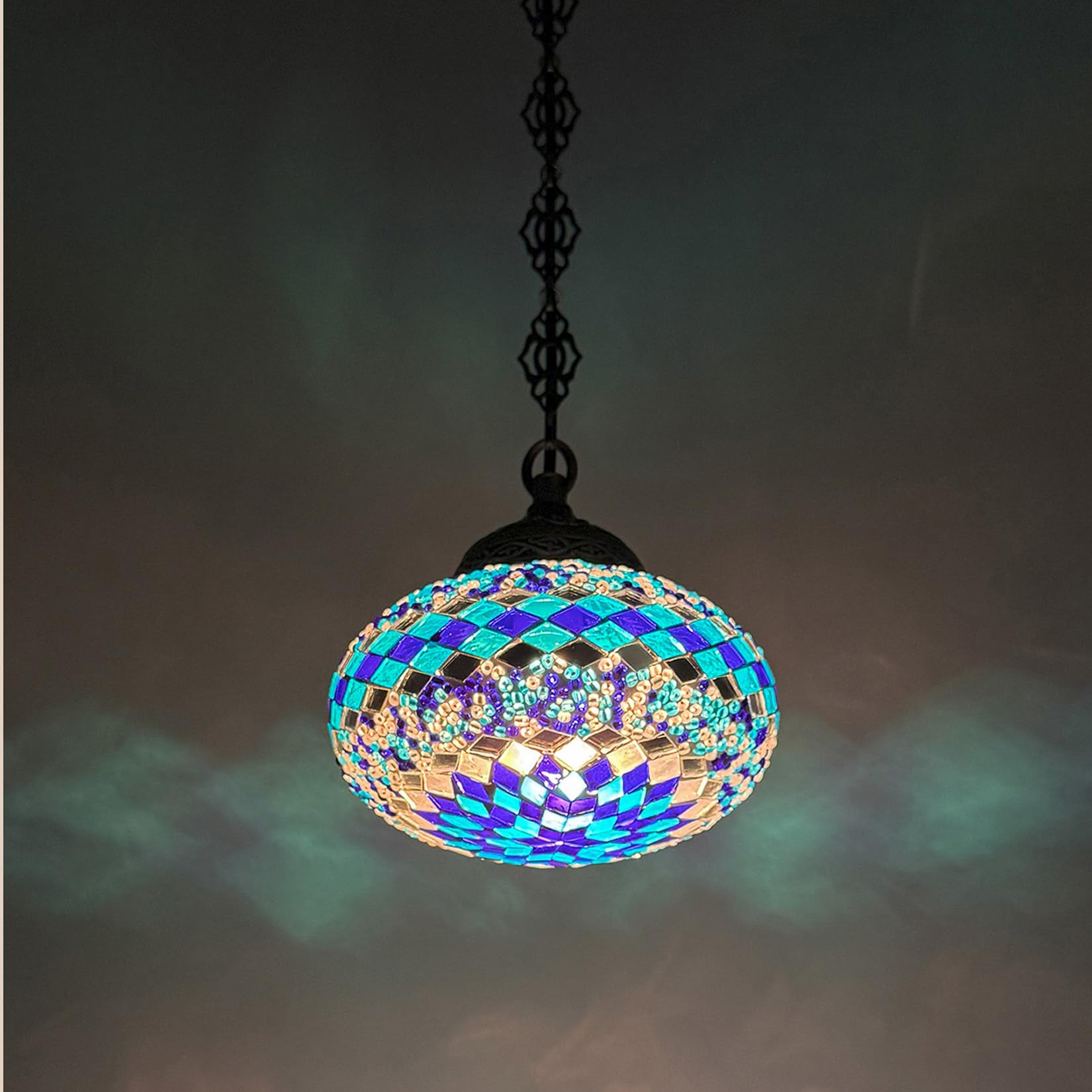 Lampe suspendue mosaïque turque 1 globe, plafonnier marocain bleu salon et chambre