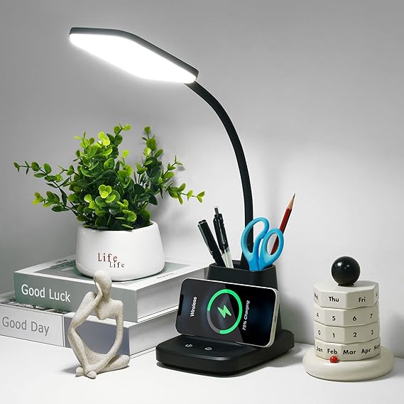 LED Desk Lamp with Wireless Charger, Sailstar Black Desks Lamp for Home