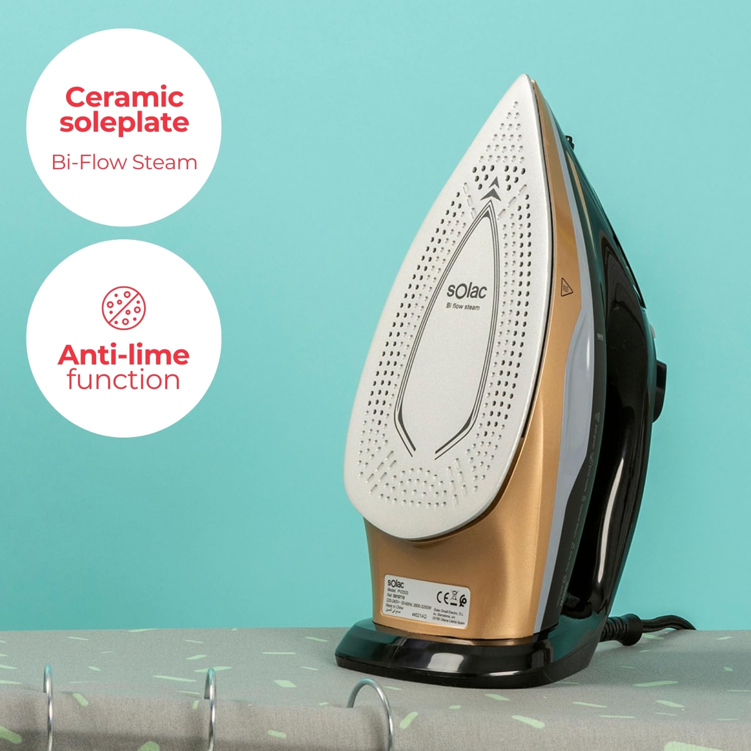 Solac – Plancha ropa Optima Shine 3200W | Suela Bi-Flow Steam | Golpe vapor 240g/min | Vapor Continuo 45g/min | Rápido calentamiento 30s | Antical | Antigoteo | Autolimpieza