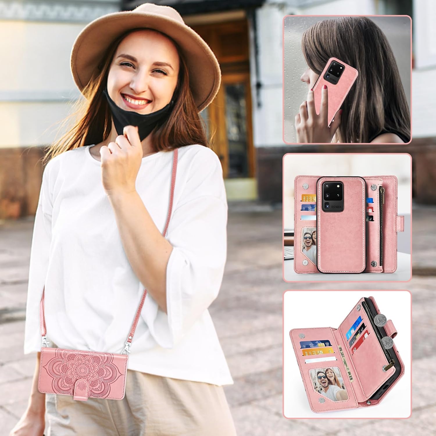 Asuwish Phone Case for Samsung Galaxy S20 Ultra 5G Zipper Wallet Cell Cover with Tempered Glass Screen Protector Strap Flower Card Holder S20ultra 20S S 20 A20 S2O 20ultra G5 Women Men Girls Rose Gold