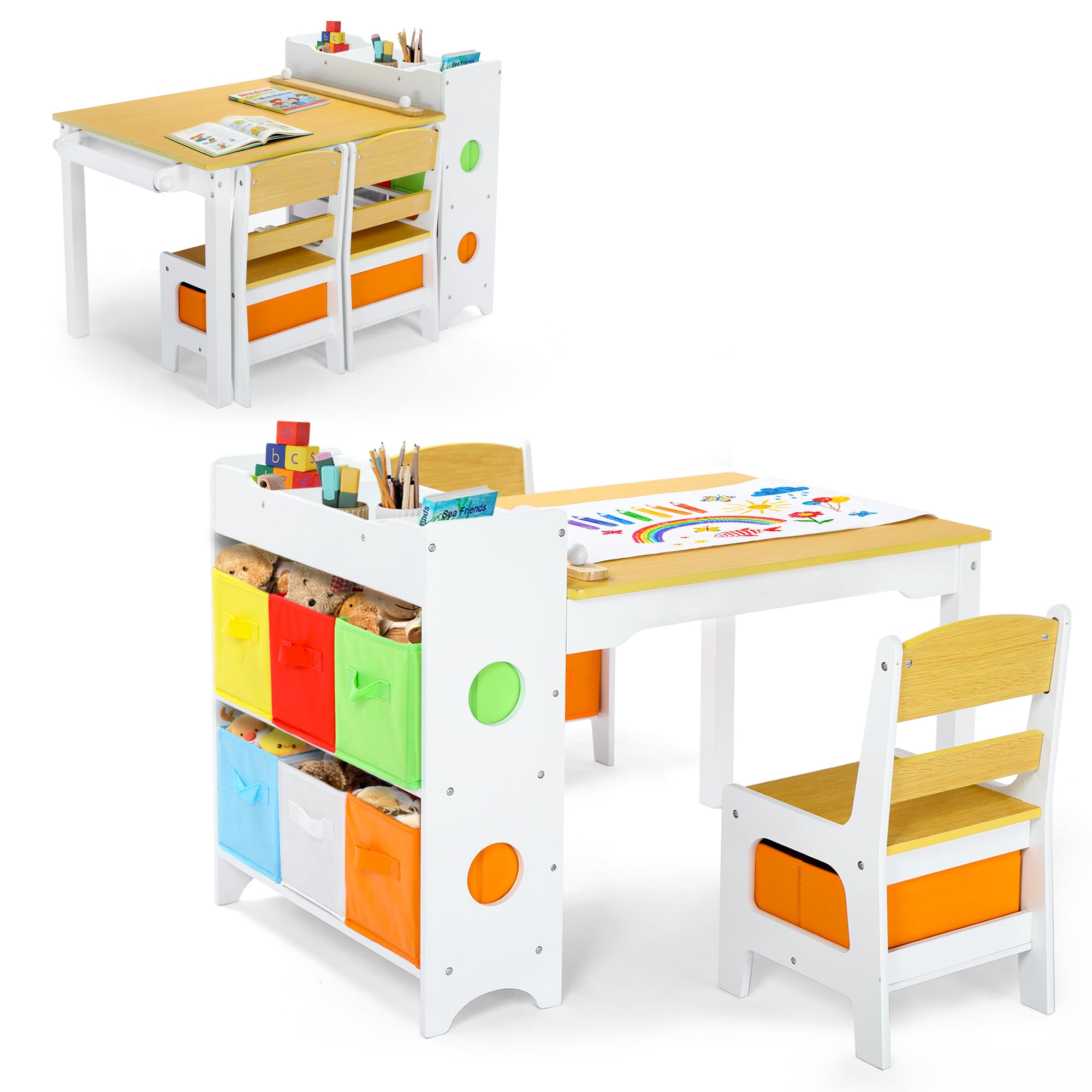 Kinder King Kids Art Table & Chair Set, Wood Toddler Activity Table for Kids Drawing, Reading, Studying, Crafting, Playing, 8 Removable Bins, Paper