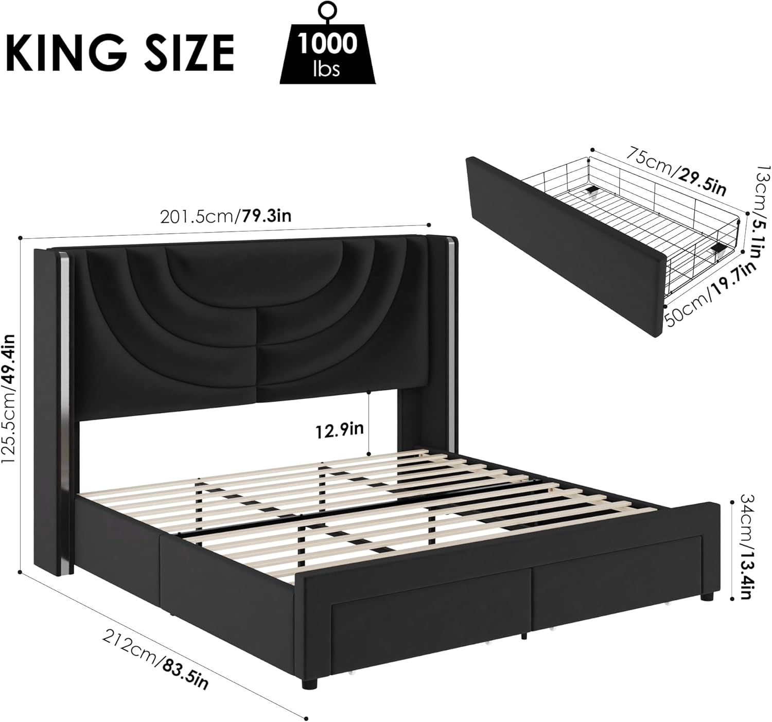 Diagram showing King size bed frame dimensions and storage drawer dimensions