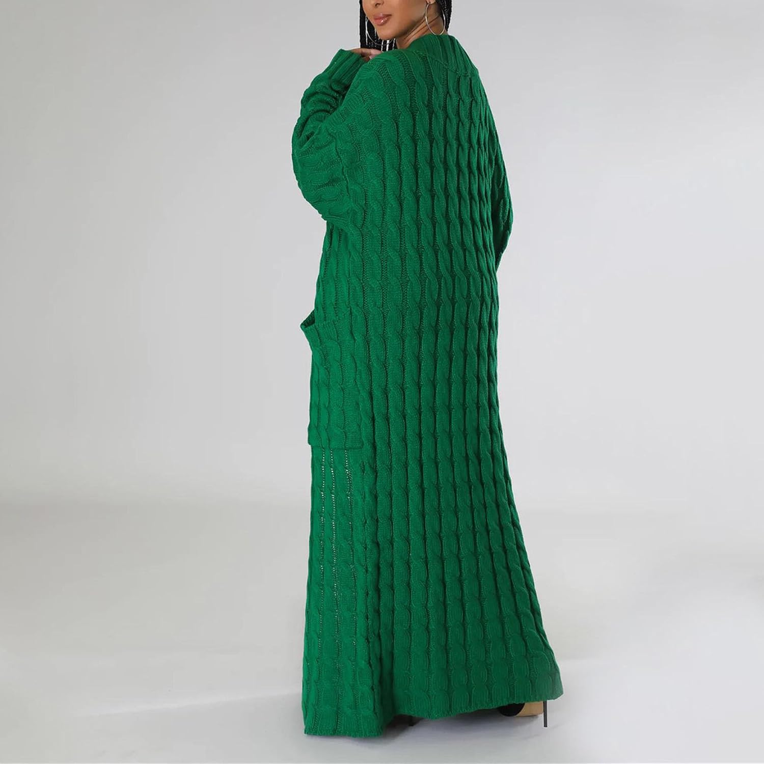 Women Long Sleeve Cable Knit Long Cardigan 2024 Fall Winter Chunky Open Front Sweaters Long Outwear with Pockets