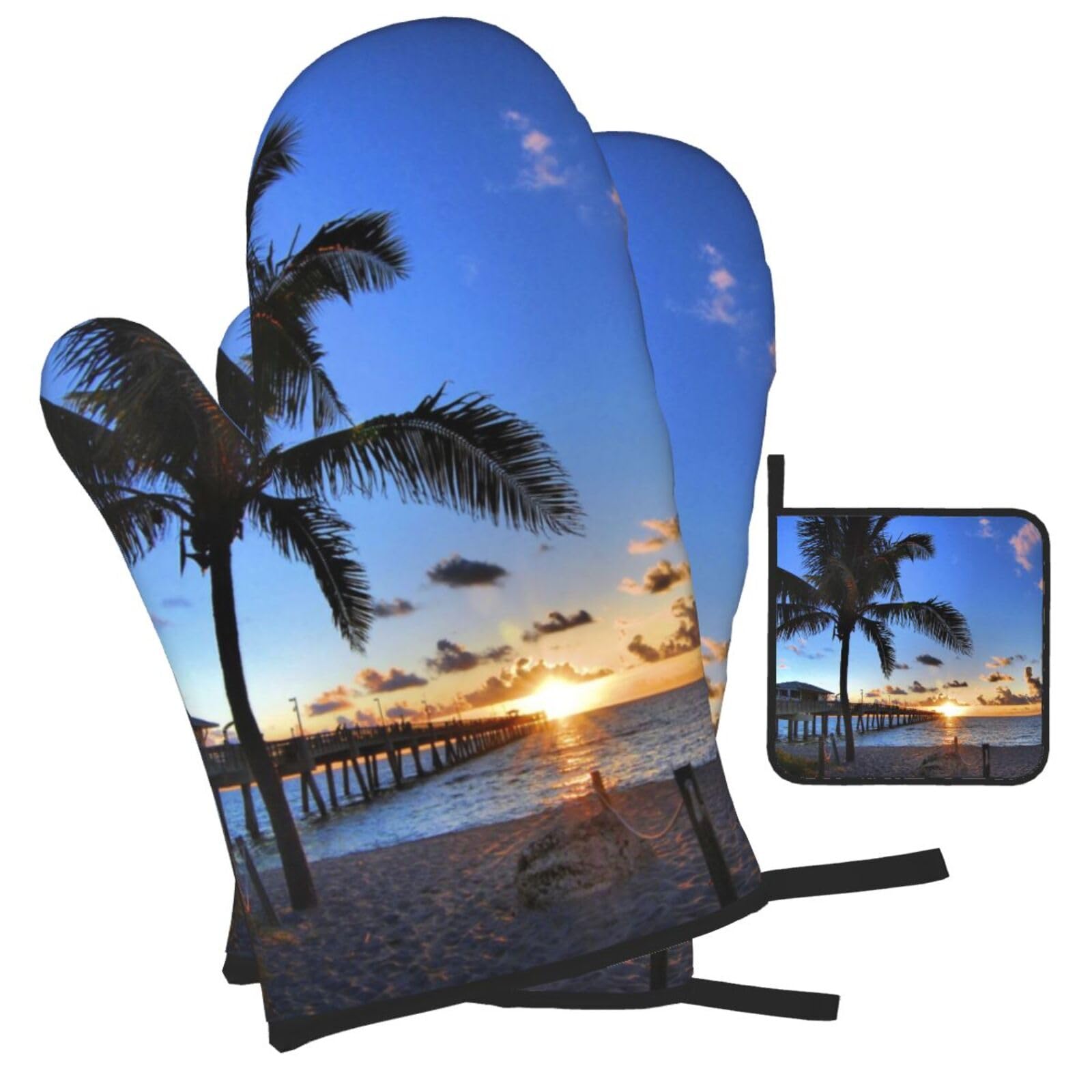 Sunrise seaside Palm Tree Printed Oven Mitts and Pot Holders Heat Resistant Set of 3 Pcs, Modern Kitchen Gloves & Potholders for Cooking Baking Grilling