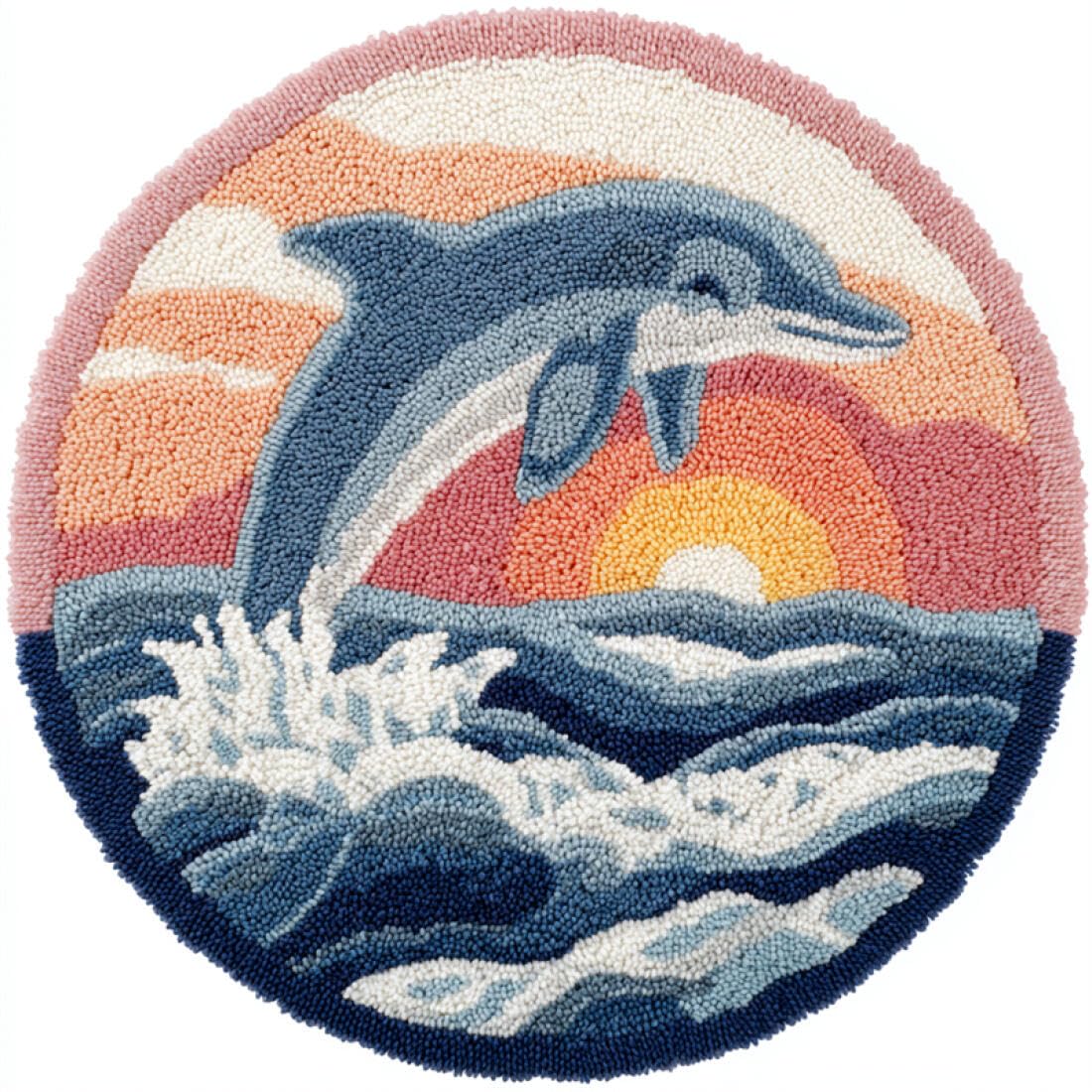 Rqwybcaxn DIY Rug Latch Hook Kits for Beginners Animal Cross Stitch Kit Dolphins and Waves 60x60cm Round Large Rug Making Kits Bedroom Handmade Gift