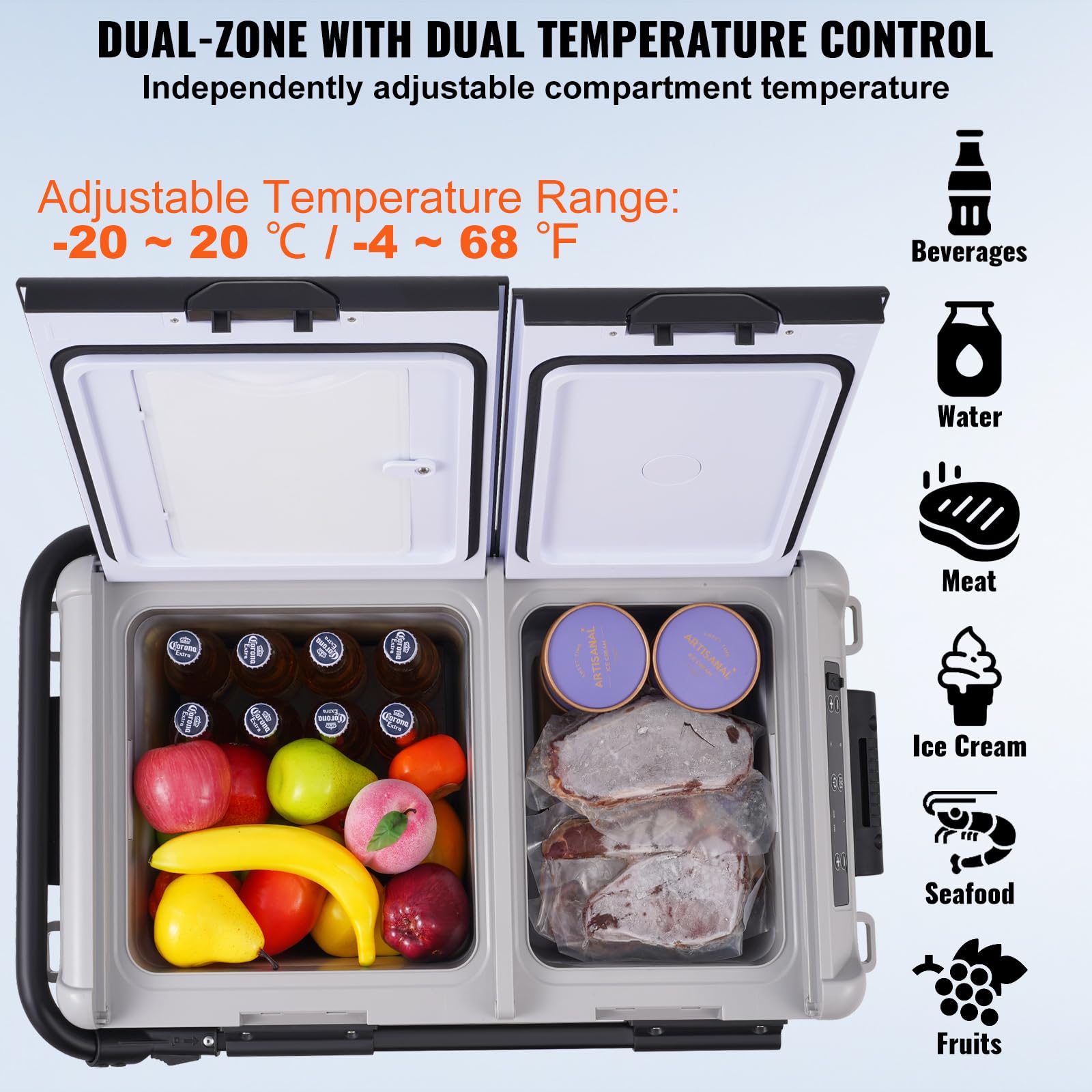 VEVOR Refrigerador Portátil para Automóvil, Doble Zona de 50 L Temperatura Ajustable de -20~20 ℃, Refrigerador con Compresor para el Hogar, Campamentos, Vehículos Recreativos, 708 x 440 x 551 mm