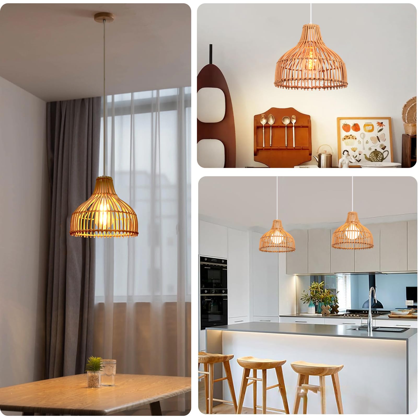 2 Pezzi Lampade a Sospensione Rattan E27 Lampadario Vintage Ø24cm Paralume Bambù Lampadari, Boho Lampada da soffitto Legno per Salotti Cucine Ristoranti Caffè