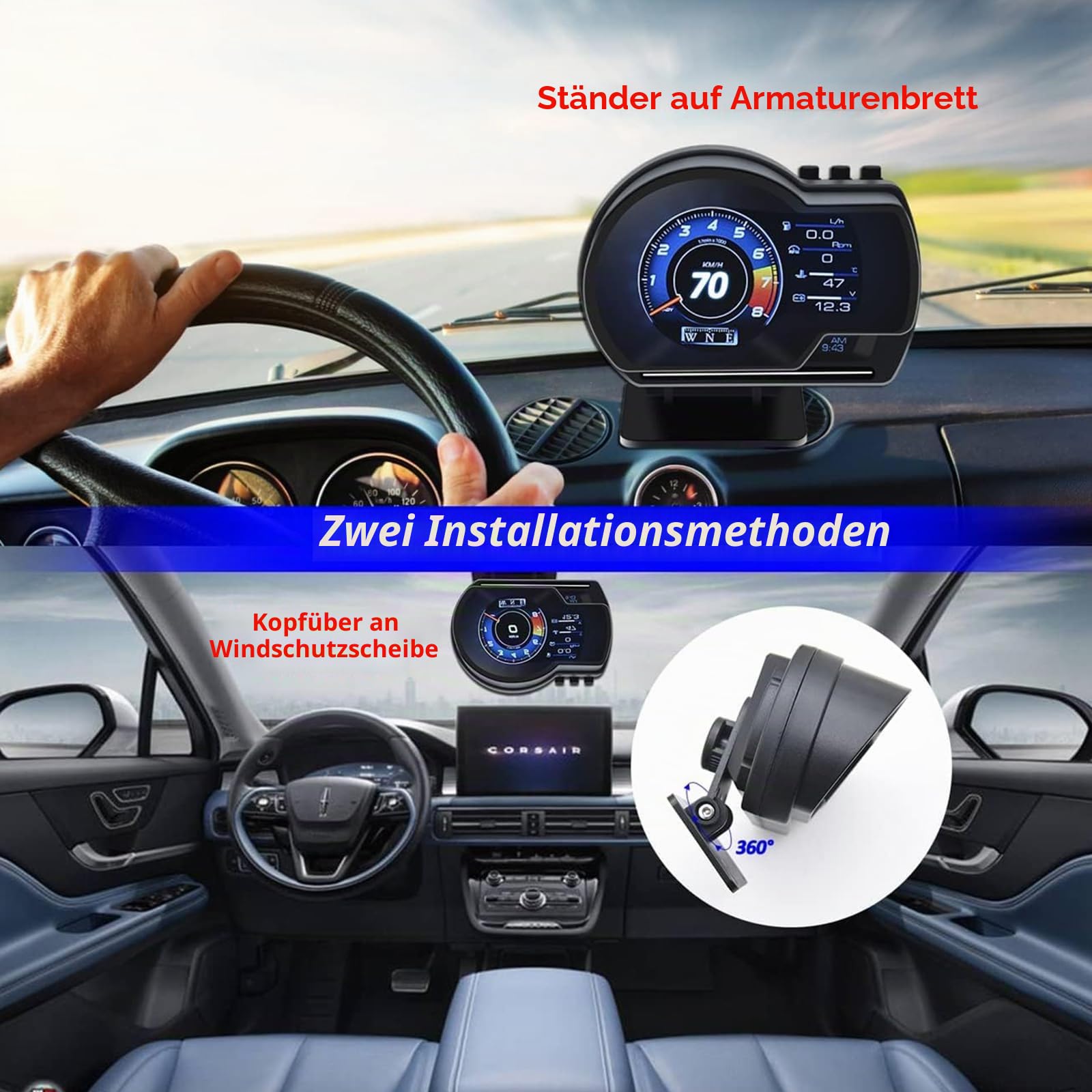 KAOLALI Head Up Display, OBD2 + GPS Dual System Universal Tachometer | Digital Auto HUD Geschwindigkeitsmesser mit Navigation, Übergeschwindigkeitsalarm, Wasser- und Öltemperaturalarm