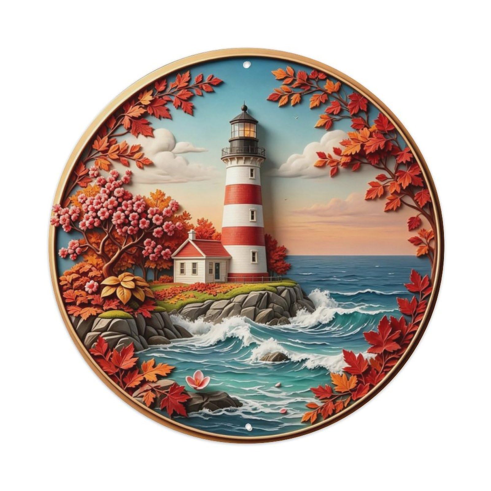 New England Lighthouse Fall Metal Tin Sign Plaque