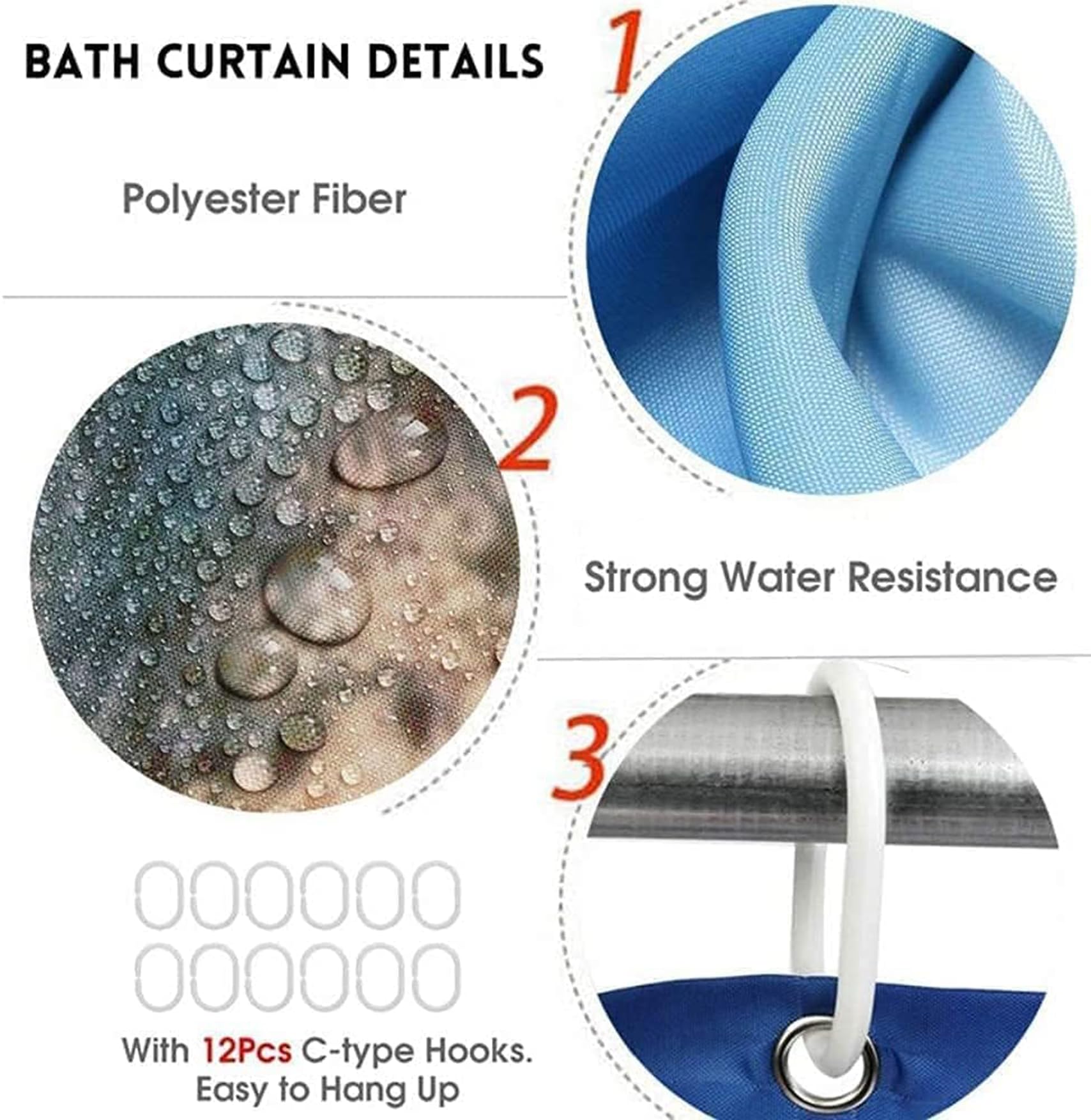 Juego de 4 cortinas de ducha navideñas con alfombras antideslizantes, cubierta para tapa de inodoro y tapete de baño antideslizante en forma de U, decoración de baño de Navidad con 12 ganchos 6