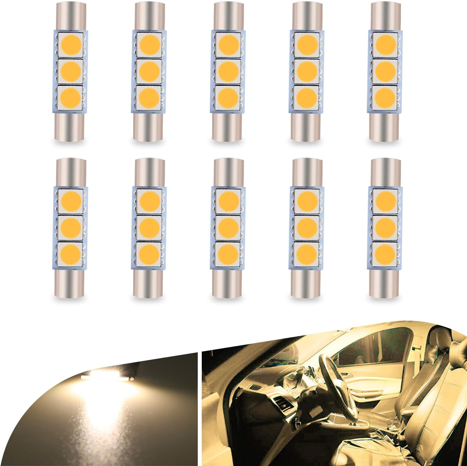 Pack-10 Car 28mm 5050 3SMD LED Light Kit, 180 Degree High Brightness No Glare No Lag Roof Light Makeup Light, 6614F/6612F Plug and Play Energy Saving Bulb, Universal for Cars (Warm White)